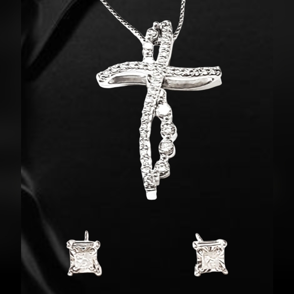 14K White Gold Convertible Cross Pendant with Natural Diamonds & Stud Earring
